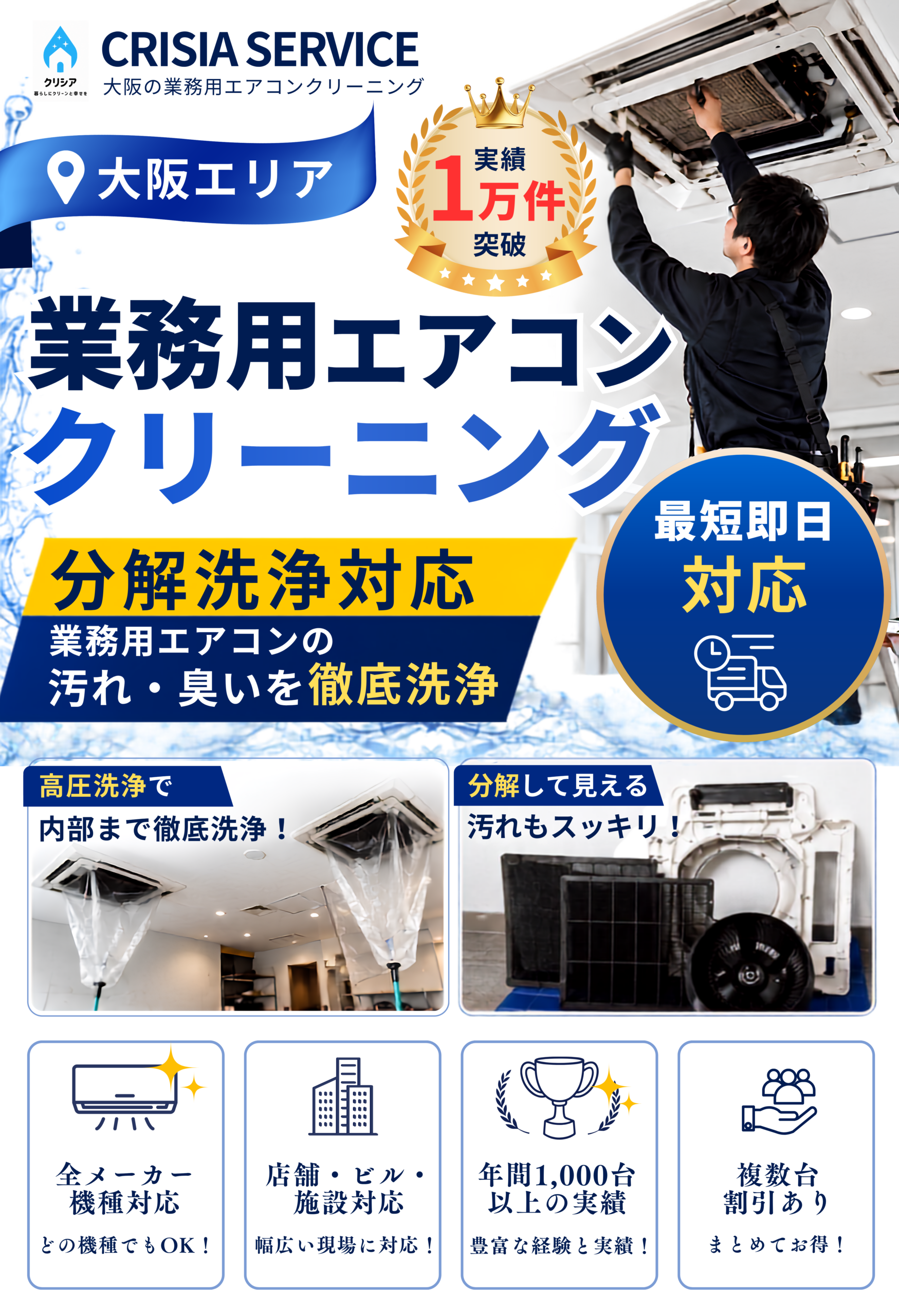 大阪エリア対応の業務用エアコンクリーニング。実績1万件突破、分解洗浄対応、最短即日対応。