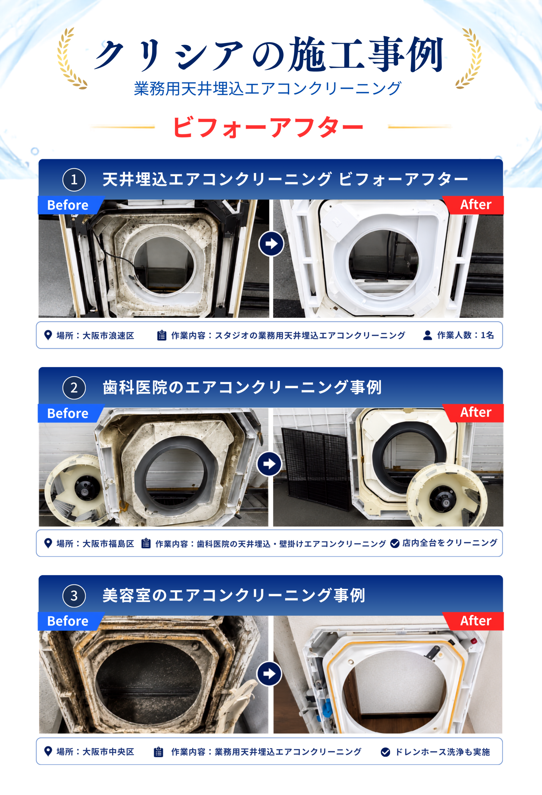 業務用エアコンクリーニングの施工事例。洗浄前後の比較写真で、内部の汚れがきれいになった様子をご紹介しています。