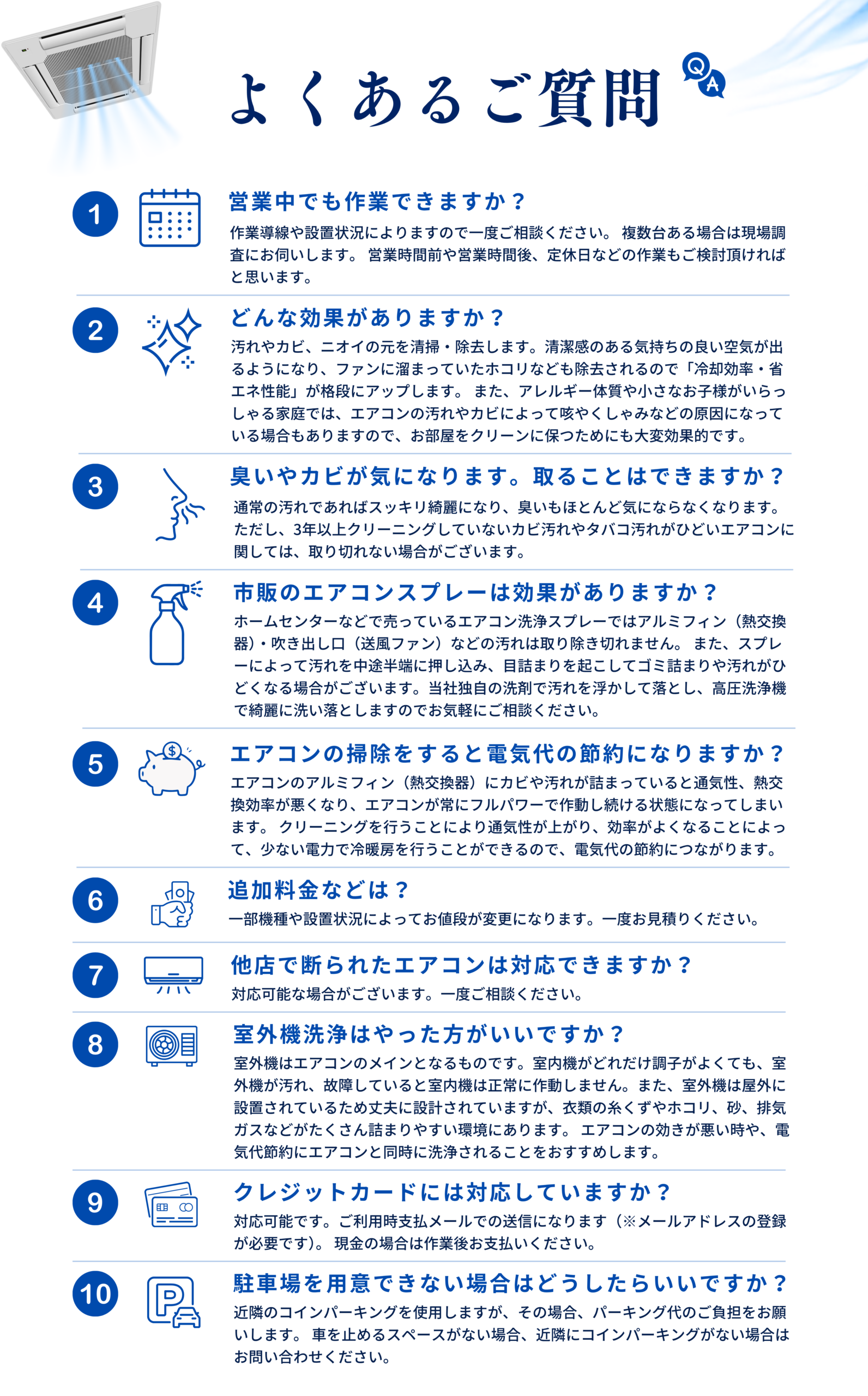業務用エアコンクリーニングに関する料金や作業内容、臭い・カビ対策など、よくあるご質問を掲載しています。